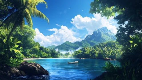 Tropical Lagoon With Mountain Vista and Lush Jungle