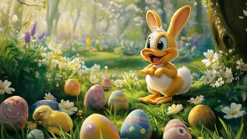 Cartoon rabbit observes painted Easter eggs in soft lit meadow