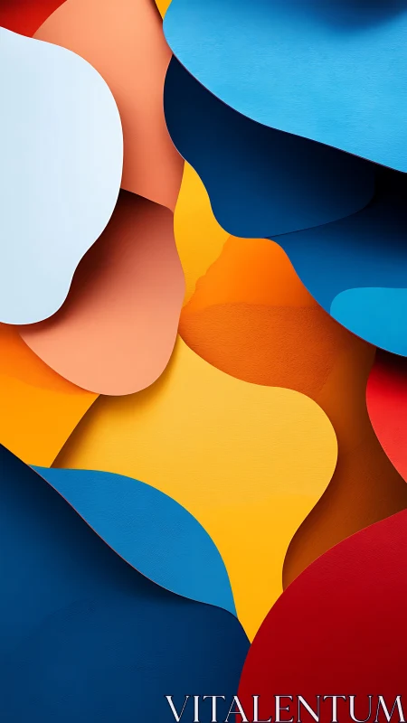 Layered abstract shapes in bold primary color fields.