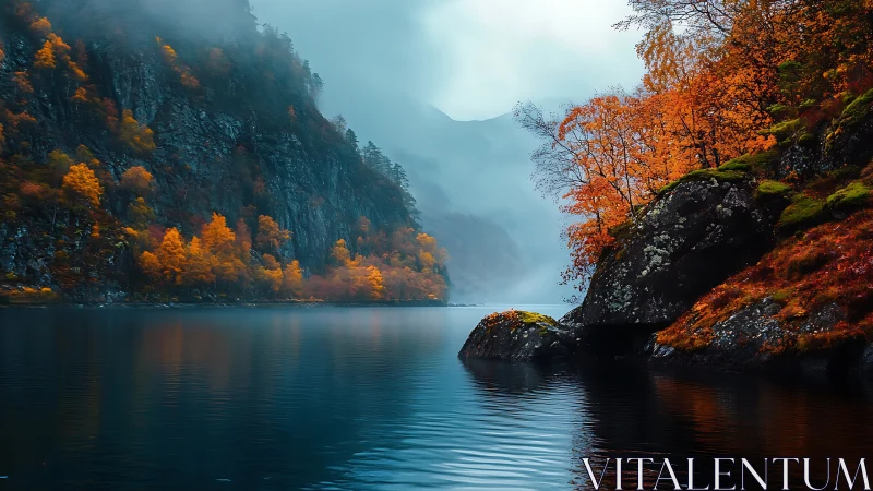 Mist-veiled fjord lake with autumn foliage and rocky cliffs