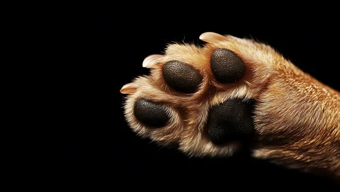 Close-up canine paw is displayed against uniform black
