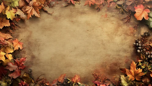 Autumn foliage border framing empty vintage background.