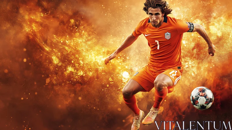 Dynamic soccer forward surging through fiery energy field.