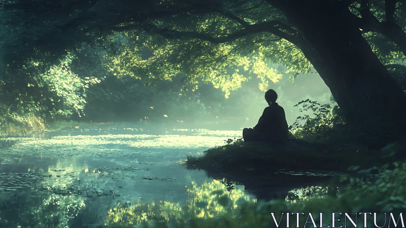 Riverbank daydreamer beneath whispering emerald canopy.