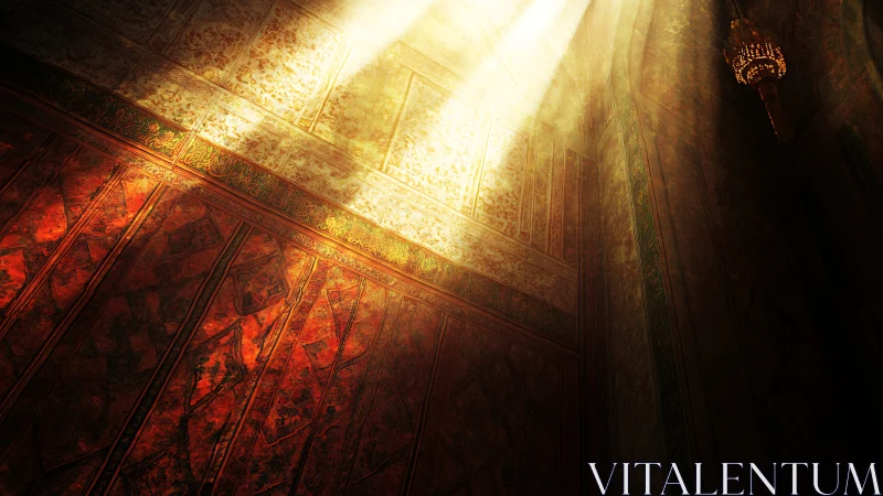 Digital painting of ornate sunlit arabesque interior wall detail.