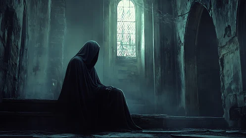 Shrouded watcher in ruined chapel, waiting in spectral hush.