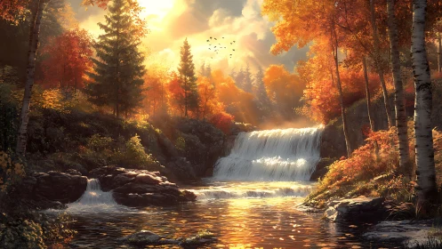 Autumn forest waterfall under low sun with reflective stream.