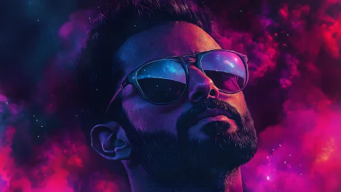 Stargazer in neon clouds wearing galaxies as shades.