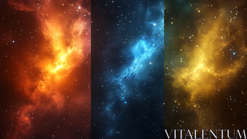 Cosmic color triptych of glowing nebula clouds in starlight.