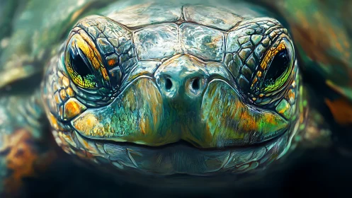 Close turtle portrait with vivid, detailed textured shell.