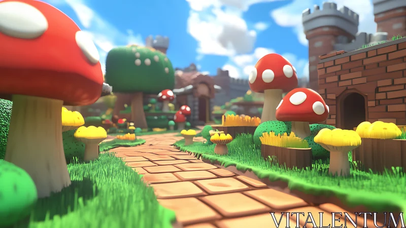 Sunny Mushroom Pathway Through a Whimsical Castle World.