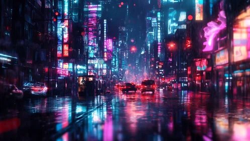 Neon rainstorm over midnight megacity streets in motion.