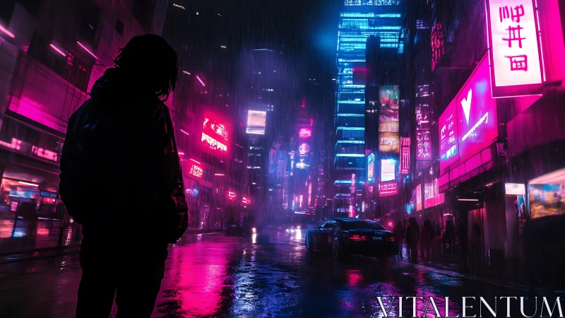 Silhouetted figure observes neon city street in heavy rain