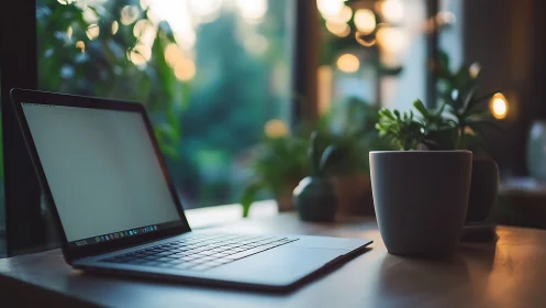 Laptop on wooden desk in shallow depth-of-field ambient light scene
