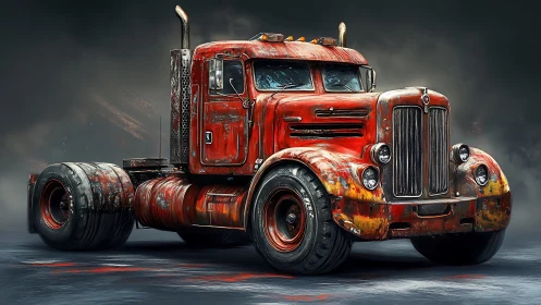 Heavily weathered red vintage semi truck cab in moody studio