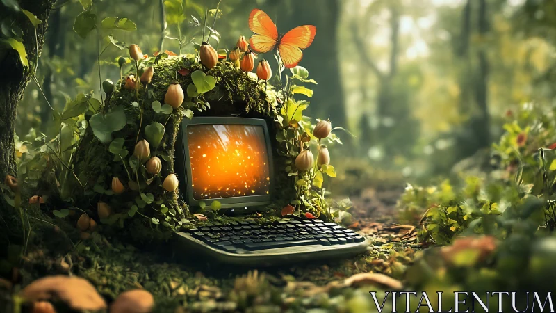Retro computer nest glows under butterfly in lush forest