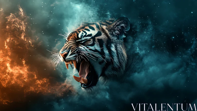 Roaring tiger head in dual-tone cosmic nebula cloudscape