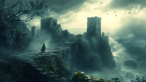 Lone wanderer crossing misty cliffs toward ancient ruins.