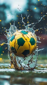 Dynamic soccer ball splash in shallow water with bokeh light.