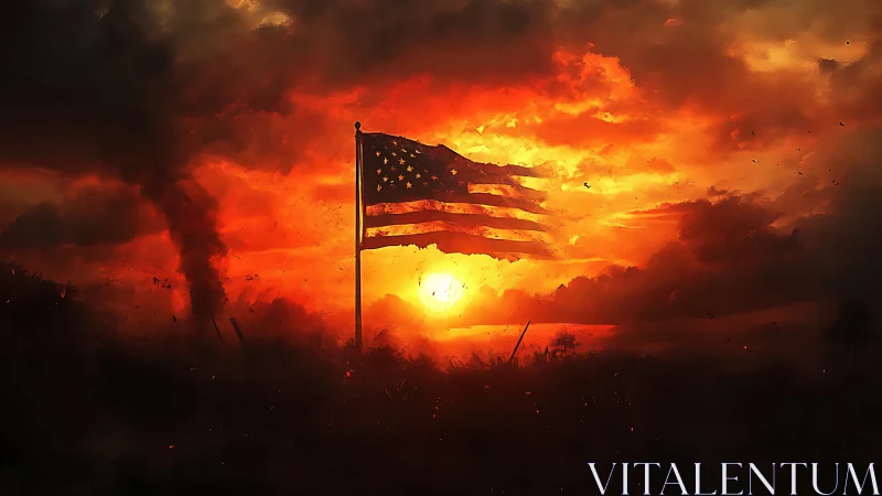 United States flag against burning red sunset sky.