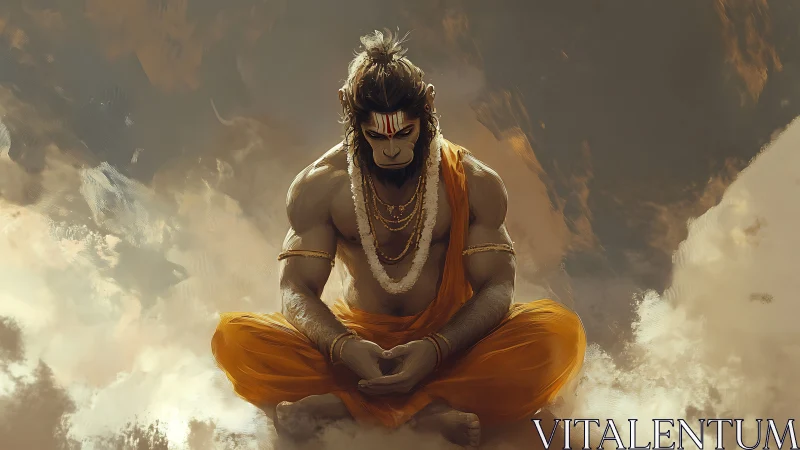 Meditating warrior deity in orange robes on cloudy sky