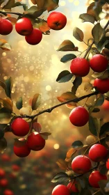 Digital painting of sunlit apple branches with bokeh field.