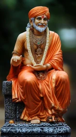 Orange robed spiritual statue seated on ornate stone throne.