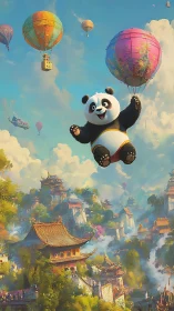 Cheerful cartoon panda ascends with hot air balloons over stylized temples