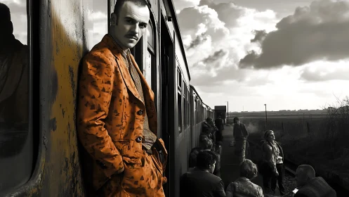Orange suited man leaning on train in rural station tableau.