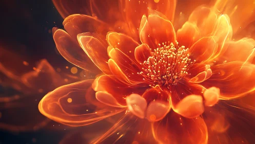 Luminous orange digital flower with glowing translucent petals.