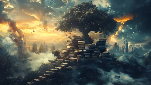Surreal fantasy landscape with book stairway and knowledge tree.