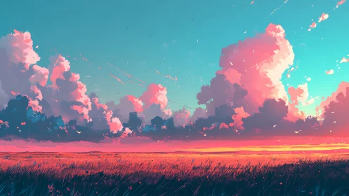 Sunset clouds rise above wide grass field in vivid colors
