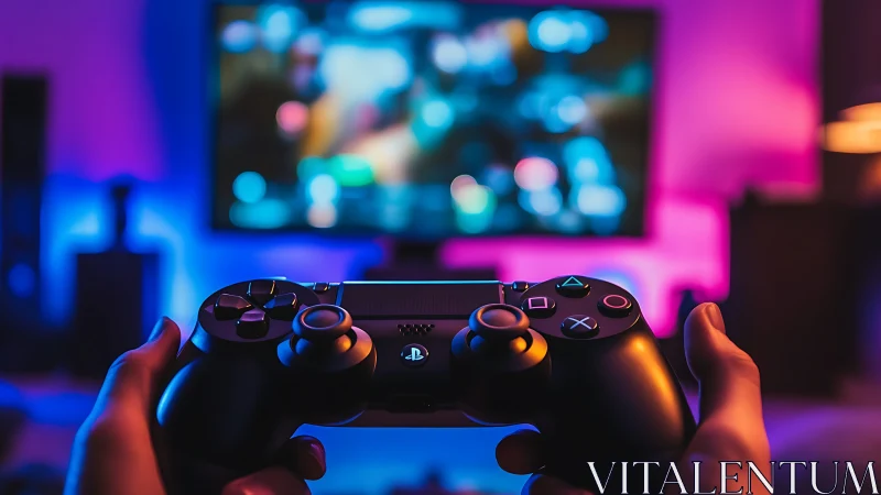 Cozy gaming night with a glowing controller and soft lights.
