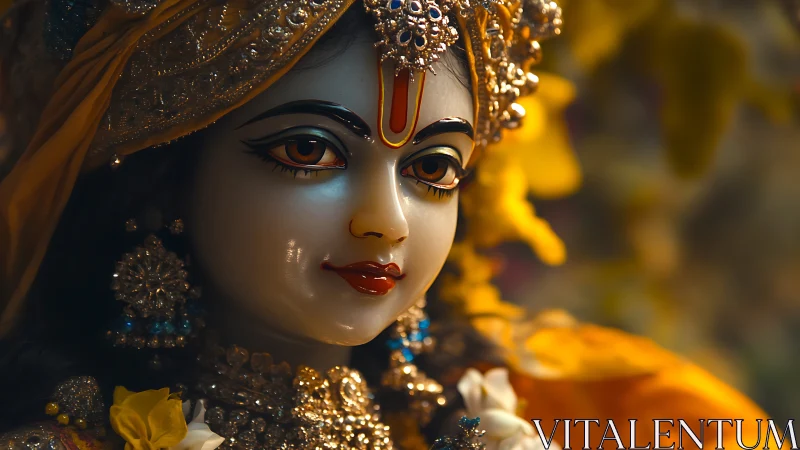 Divine idol portrait in jeweled headdress, warm bokeh glow.