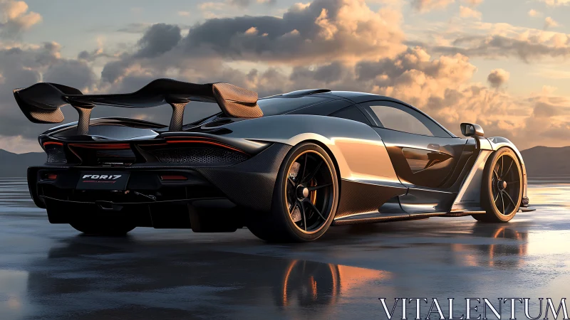 High-performance sports car is rendered on reflective wet surface