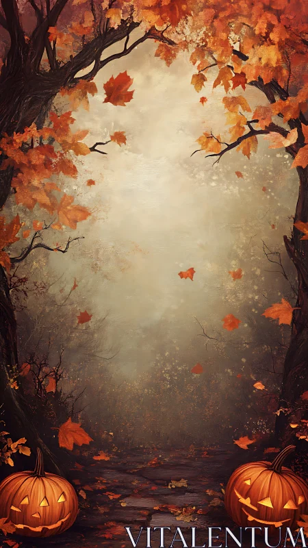 Autumn forest path with carved jack o lantern pumpkins at dusk