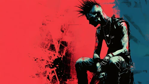 Cyberpunk punk portrait with red field and grunge split-screen.