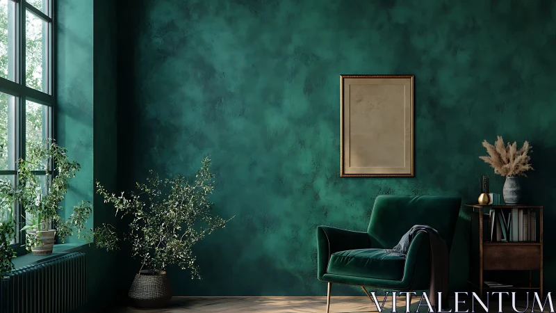 Velvet armchair anchors a moody emerald-toned interior composition