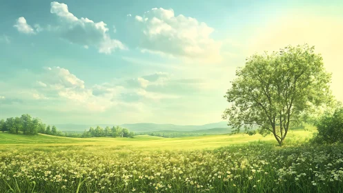 Sunlit wildflower meadow with solitary springtime tree.