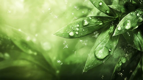 Close-up green leaves with water droplets and light particles.