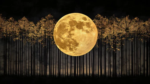 Golden Moon Rises Above Silhouetted Forest