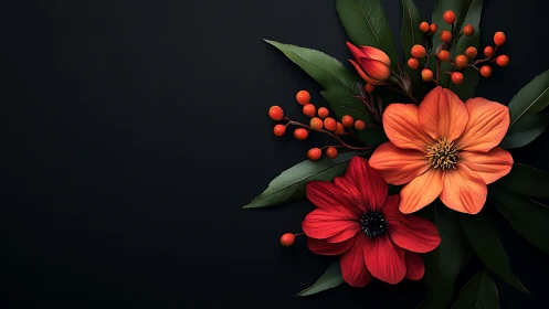 Red and Orange Floral Arrangement Against Dark Background