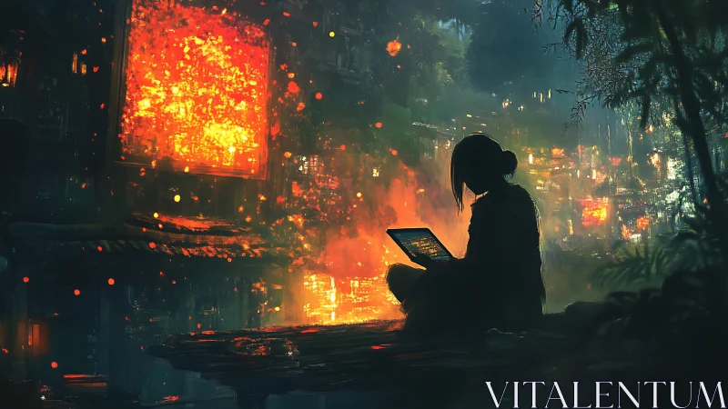 Cyberpunk silhouette with tablet beside burning neon cityscape