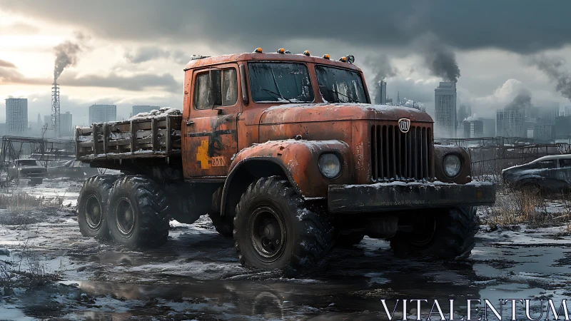 Rusty six-wheeled truck in snowy industrial wasteland.