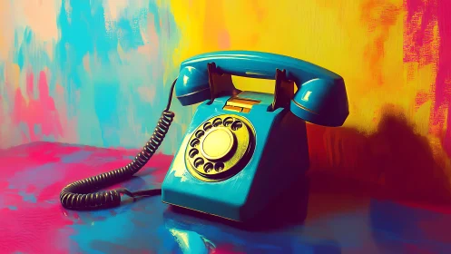 Retro rotary telephone sits against vivid painted backdrop