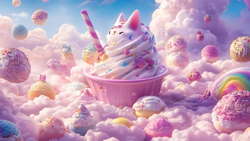 Dreamy cat sundae floating in a candy cloud kingdom.