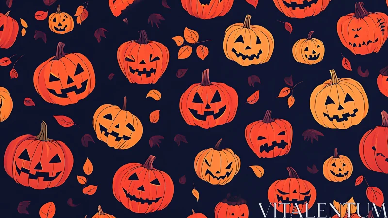 Jack-o-lantern vector pattern with autumn foliage on navy background.