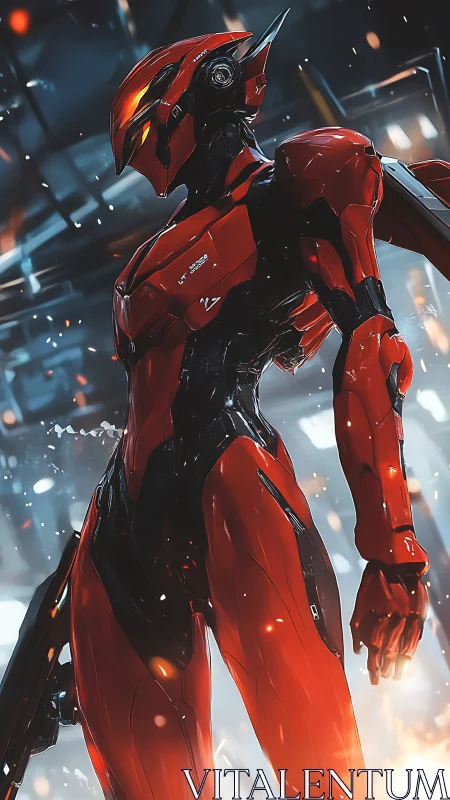 Crimson combat mecha in high-tech hangar environment.