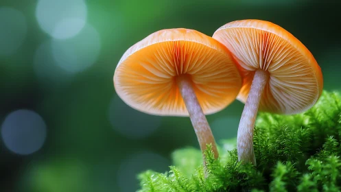 Two orange mushrooms in close-up macro forest view.