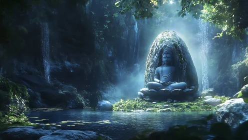 Stone Buddha statue anchors misty forest waterfall sanctuary